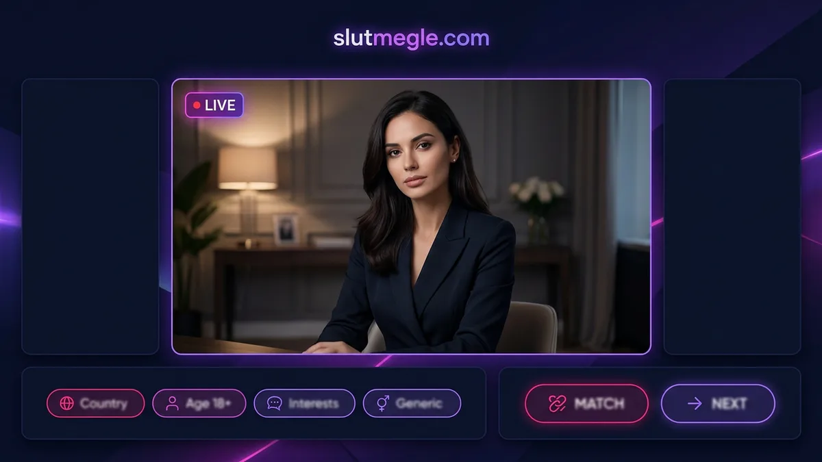 Futuristic cam2cam video chat interface preview with filter chips and match button on slutmegle.com