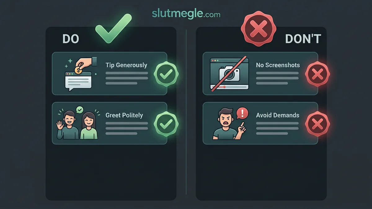 Do and don't etiquette badges for cam2cam private shows on slutmegle.com with green and red markers